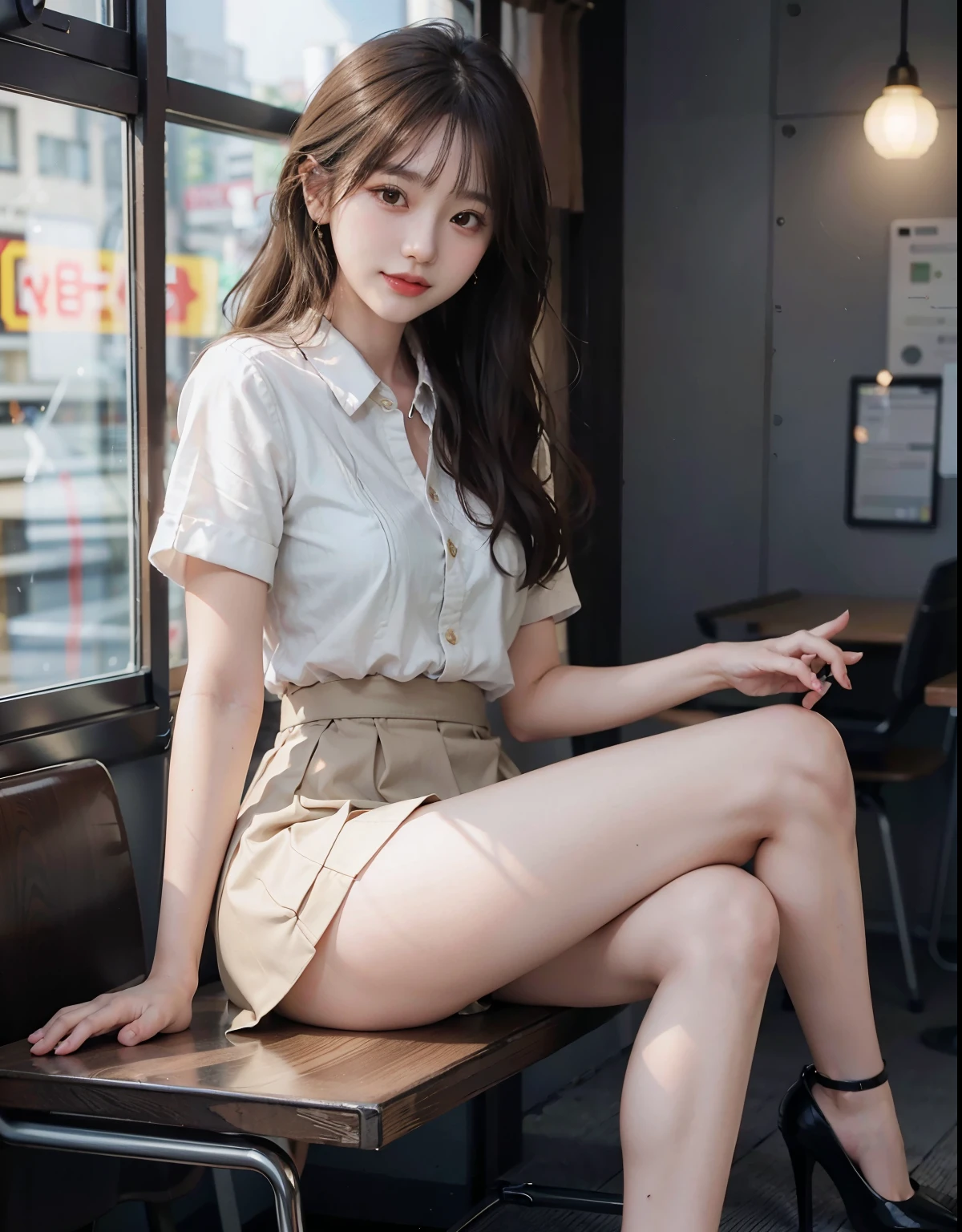 8K、Top image quality、超A high resolution、masterpiece、realisitic、Photorealsitic、highly contrast、photon maping、real picture、ultra-detailliert、low angles:1.3、Textured skin、1 girl in、Solo:2、Alone、full-shot、Stage of the evening concert venue、K-pop star、K-pop idol、K-Pop Costumes、A sexy、Fancy makeup、blazers:1.3、a short skirt:1.3、Blouse、Raw feet、high-heels、100 degree leg opening:1.5、Open crotch:1.5、Brown hair long hair、See-through wet white panties:1.5、Panties visible from under the skirt:1.3、Long body、Height is 170 cm、Long feet:1.2、middlebreasts、Beautiful facial features:2、Detailed female pubic shape is clearly visible:1.4、Have pubic hair:1.4、witheout panties:1.3