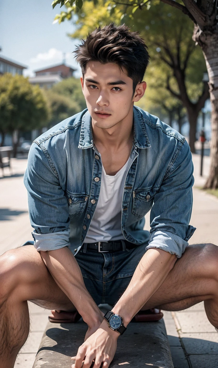 photo of a handsome bulgarian man, jeans, open shirt, zip open jeans pants, sitting on a bench, bus stop, street fashion photography, cinematic, realistic, best quality, detailed background, depth of field, intricate details, dynamic pose, dynamic angle, analog film, subsurface scattering, filmic, chiaroscuro, soft light, vibrant colors, (vacations, selective focus, european film:1.2)