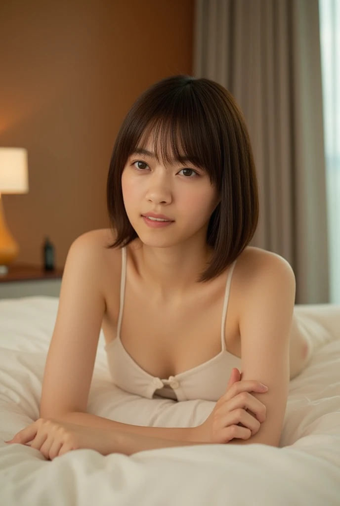 highest quality, Face Focus, Soft Light, Ultra-high resolution, (Realistic:1.4), RAW Photos,
1 Japanese girl, alone, cute, (pupil, Light in your eyes),  Beautiful face in every detail, (),(High resolution detail of human skin texture),
(Shortcuts)、sit on the floor holding your knees、Layered Cut、Shaggy、
indoor,Window、On the bed、
camisole,From above、Perfect Anatomy、
(Portraiture)