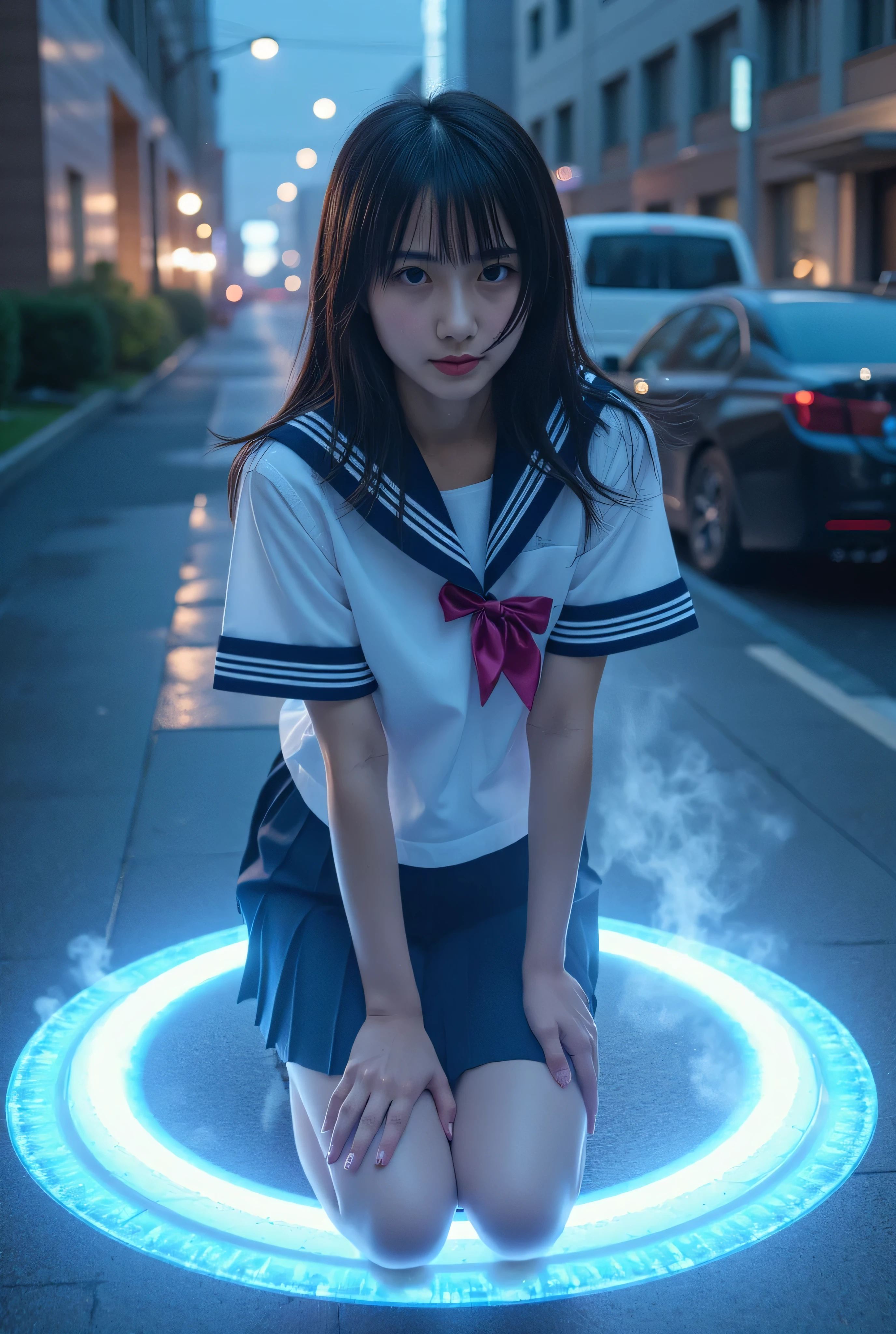 ( Masterpiece:1.2, excellent quality,Mirror-like, cinematic experience ),8k, wallpaper,( female 1 person),(A -faceanese high school girl from the future :2.0),( beautiful face, she's looking at me.),( I'm crouching on one knee on a ring of light like a magic circle),( hair blown in the wind),( light particles:2.0),(Raise your right knee:2.0),( detailed hands:1.6),( dynamic angles:2.0),( American cities and countless discharges in the 1980s :2.0),(SF:2.0),( cyberpunk), Pointy big breasts, serafuku,16-year-o SaAsukawet hair, wet uniform,Cleavage seen from the chest of the uniform ,Steam is coming out of my whole body ,