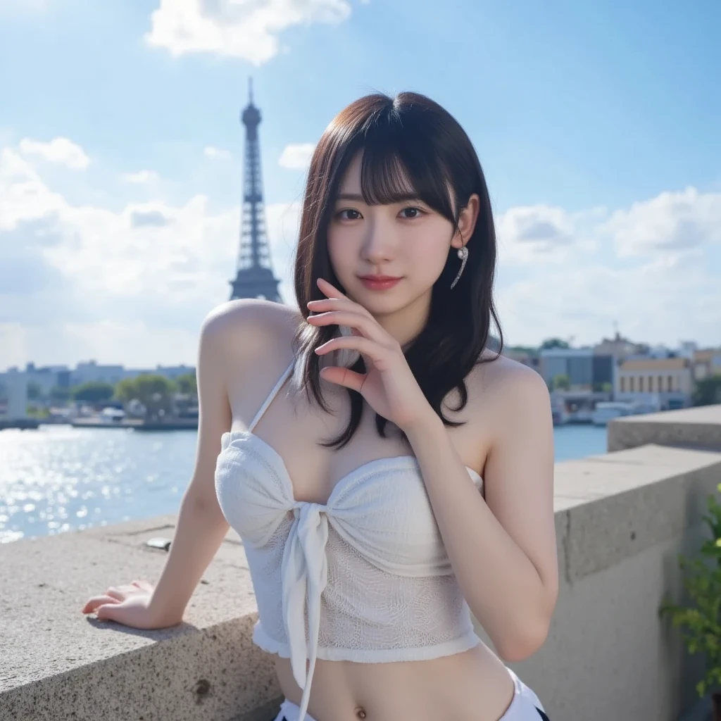 best quality, 8k, highly detailed face and skin texture, high resolution, big tits cute japanese girl in lingerie at balcony with eiffel tower view, full body, sharp focus