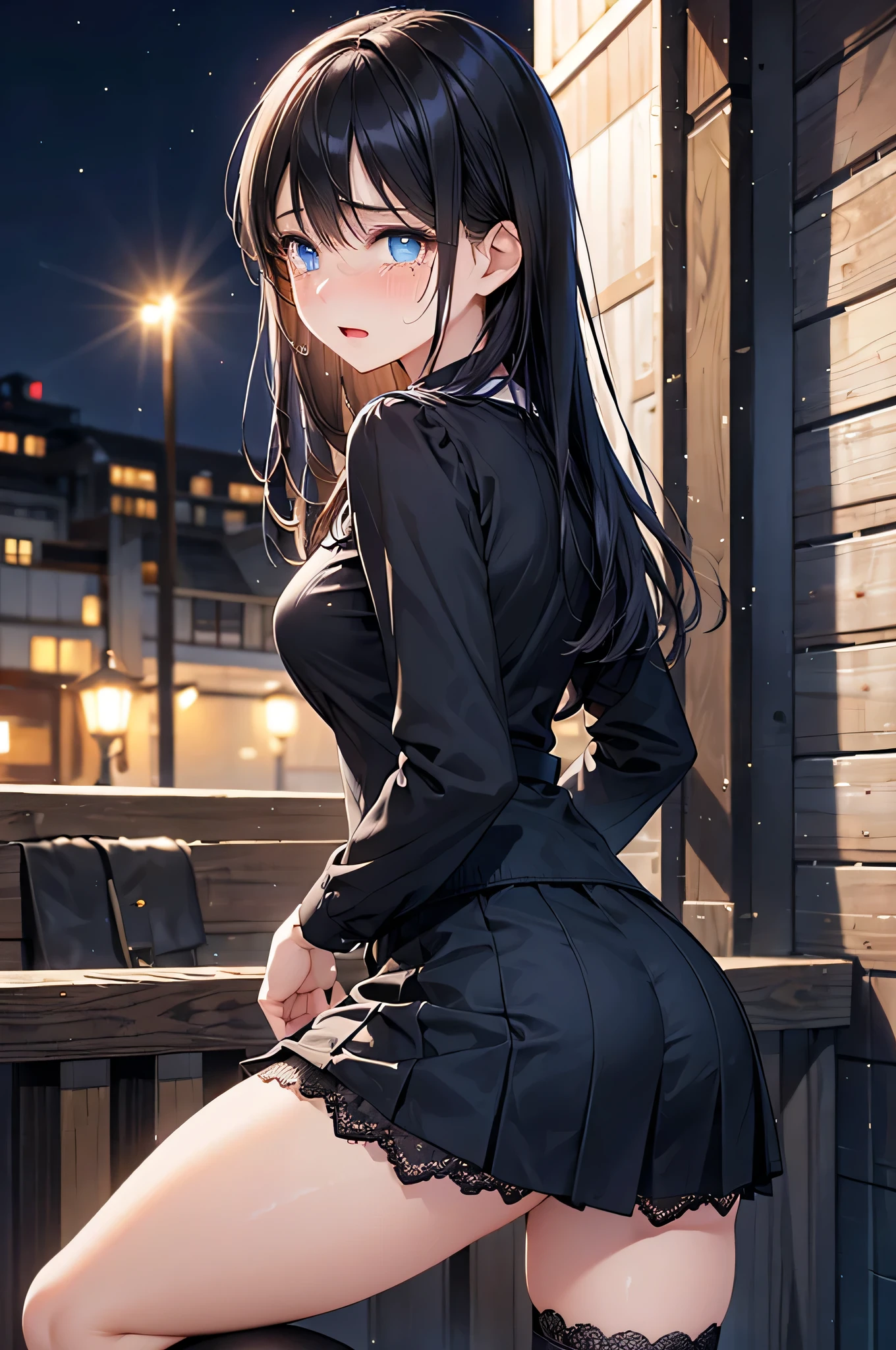 anime girl, dark hair, night blue city