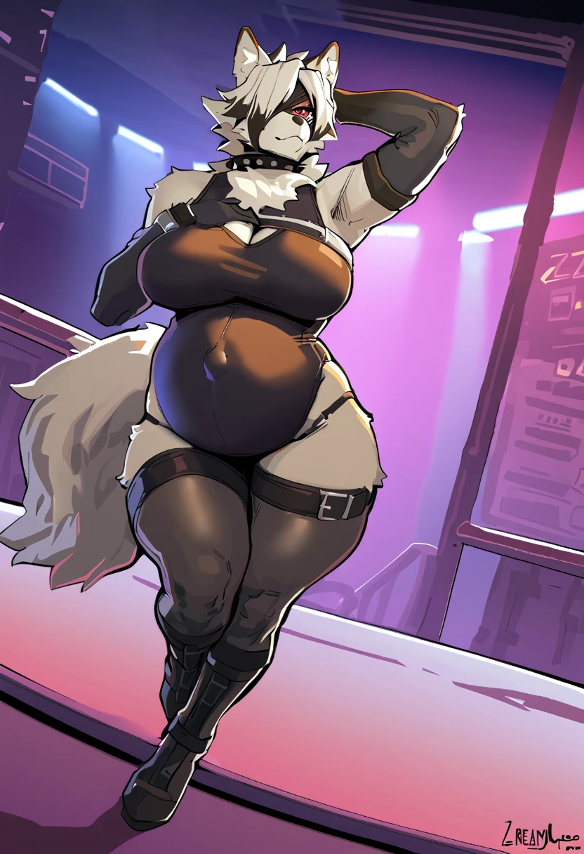 by darkgem, by duase, by sligarthetiger, by BNG, solo, 1girl, sergal, (white fur:1.3), black hair, seductive smile, (round glasses:1.2), buff, muscular, female, older woman, milf, red eyes, (hyper hips), thick thighs, (huge breasts:1.2), nipple outline, thick nipples, highly detailed eyes, (black latex bodysuit:1.6), (black heels:1.4), Masterpiece, best quality, absurd res, highly detailed, cleanly drawn eyes, nightclub, bright lighting, (big bottom lip:1.2), purple lipstick, casual posture, standing upright, gigabooty, 