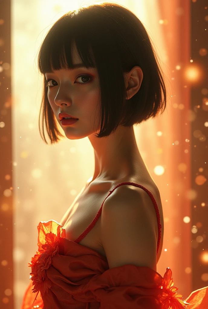 (masterpiece, Highest quality), 8k,(((Very detailed))), Race:1.8,Super intricate Race pattern,colorful Race pattern,Stained glass background transparent body, Mandala,light up,cold, 1 female,Open Back, 18 years old、Japanese, Photo of Lee Jae, tumbler, sultry body with セクシー belly, Sexy girl, Young sensual elegance, Sexy body, smile, Sexy look, Very Short Hair、Night viewの眺めが綺麗なホテルで撮影、Night view、 Intelligent face、Narrow waist、Large Breasts、drool coming out of the mouth、少しsmile、EOS 50mm F2, Blur the background、Photographed from the front、Lighting the face、smile、