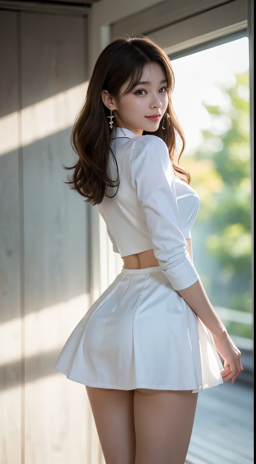 pixiv, process art, 8K, masutepiece, Raw photo, Best Quality, Photorealistic, Highly detailed CG Unity 8k wallpaper, depth of fields, Lens Flare, Ray tracing, (Extremely beautiful face, Beautiful lips, Beautiful eyes), intricate detail face, ((Ultra detailed skin)) 1girl in, In the Dark, deepshadow, Pretty Korean girl, Kpop Idol, 1 girl, (Very slim and slender fit muscular body:1.3), ((Looking at Viewer)),(Big smile:1.3), (neons),  (No people in the background:1.3), Beautiful earrings, Bracelets, Necklace, pantyhose, Clear eyes, Walking , Front shot, (pale skin), (Big eyes), Face forward, (Full body shot), (Brown hairs), (Looking at Viewer:1.3),  medium breasts, (minidress), ((White Collar Dresses)), (Tight skirt), ((backtrack, Back shot)), Ultra mini skirt, upper Shot、(upturned ass、light skinned、kawaii、Embarrassing、Super beauty、Upturned、While staring at the viewer、Silhouette is Eloi)