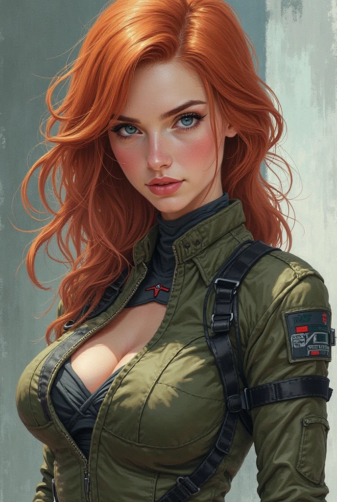 a red-haired girl with pale skin and freckles, long curly light orange hair, emerald green eyes with a sarcastic expression, muscular body wearing modern Brazilian military combat costumes, highly detailed and expressive face, (best quality,4k,8k,highres,masterpiece:1.2),ultra-detailed,(realistic,photorealistic,photo-realistic:1.37),portrait,concept art,dramatic lighting,vivid colors,intricate details, (Avoid deformed and poorly drawn eyes)