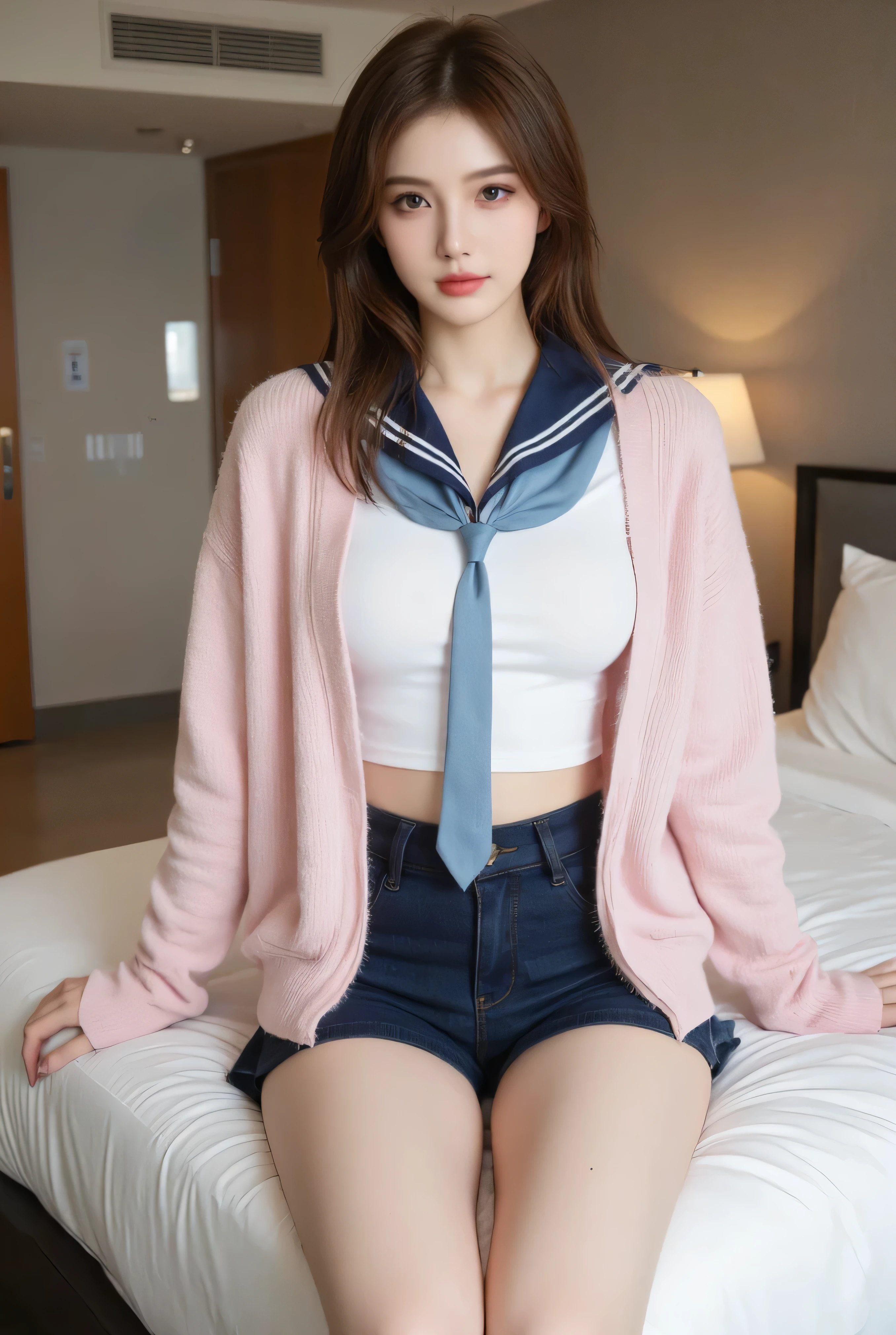 8k, RAW Portrait,Anatomically normal, Perfect Arms,Perfect Fingers,Perfect Legs,Lying in bed:1.5,(Japanese women,White skin,Wet body,Medium sized breasts, Slightly drooping),masterpiece:1.7,Realistic:1.3,Realistic, 超High resolution, Highest quality, photoRealistic:1.1、1 person、(Japanese womenがパンティを披露:1.7,Showing off masturbation:1.5),((Panties wet with pussy juice:1.5)),(sexy lace panties,Small panties,Micro Panties),Highest quality、超High resolution、(Panties close up:1.2),Bold Pose,Sexy Random Poses,In a high-class love hotel room, Age 25, On the bed, ((Spread your legs:1.7,put in,Deep joy,Severe pain,Ecstatic Eyes:1.2),despair, ((close your eyes、take a deep breath:1.2))、Ecstatic face、Natural Makeup, ?????? expression、look up、Staring at the ceiling、Endure:1.5)), Through clenched teeth、The whole body is projected, (((High School Girl Cosplay:1.3,Light pink sailor suit:1.2,See-through clothing:1.2))),Ruffled lace stockings:1.2,( Lovely gentle face) ,Cleavage、Thighs Thighs Thighs Thighs、Glowing Skin、Beautiful back、Beautiful ass、Lots of frilly socks,Short Bob Hair,Official Art,Highly detailed CG Unity 8k wallpaper, (masterpiece:1.0),(Highest quality:1.0), photo shoot, 8k, Browsing Caution, High resolution, Kodak Portrait 400, Film Grain, Lens flare brilliance,View your viewers