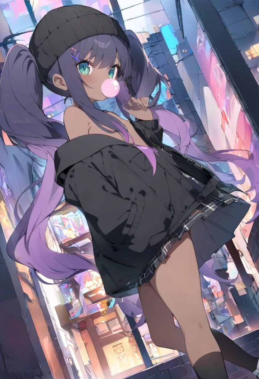 1 girl,Twin Tails, black hair,purple hair,gradient hair,very long hair,cut,Skin teeth ,jitome,green eyes,x Hair Ornament,flat chest
,nipples,(Brown Skin Woman:1.4),pink lip dress, black jacket,OVERSIZE JACKET, Pleated Skirt, Beanie, black thigh high socks,
pocket, from side, looks up, from behind or at night, bubble gum, Leaning, ( raise one leg:0.8),
city, street, tile wall, ( painted wall with bright windows:1.1),Dutch angle
,BREAKMasterpiece,best quality,very aesthetic,eatsleep1111, latest,Aiu ,