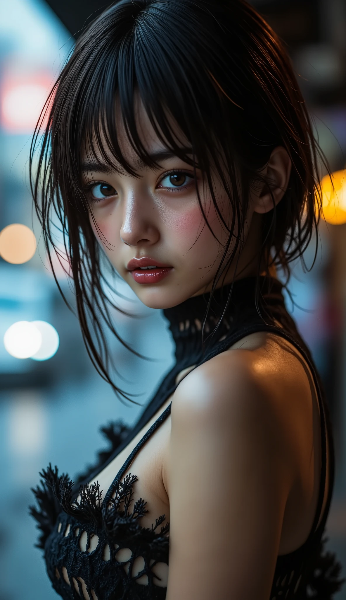 (RAW shooting:1.2),( photorealistic:1.4),(masterpiece:1.3),( top quality :1.4),( A woman with a beautiful perfect body who is particular about sharpness:1.4),( perfect anatomy), Beautiful Japanese Women , Female Criminal , stylish close-up, Slender body line drawing delicate eyes and face、((Hold by leaning forward)), ( cold expression :1.4), city in India , Wet and Disheveled Short Bob , oily skin , ( Cool Tone Lighting :1.331), high image quality , digital artwork, Big Breasts, ( full body bodysuit, nylon fabric bodysuit, Beautiful Breast Pouches)