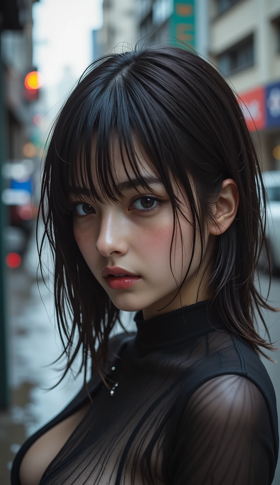 (RAW shooting:1.2),( photorealistic:1.4),(masterpiece:1.3),( top quality :1.4),( A woman with a beautiful perfect body who is particular about sharpness:1.4),( perfect anatomy), Beautiful Japanese Women , Female Criminal , stylish close-up, Slender body line drawing delicate eyes and face、((Hold by leaning forward)), ( cold expression :1.4), city in India , Wet and Disheveled Short Bob , oily skin , ( Cool Tone Lighting :1.331), high image quality , digital artwork, Big Breasts, ( full body bodysuit, nylon fabric bodysuit, Beautiful Breast Pouches)