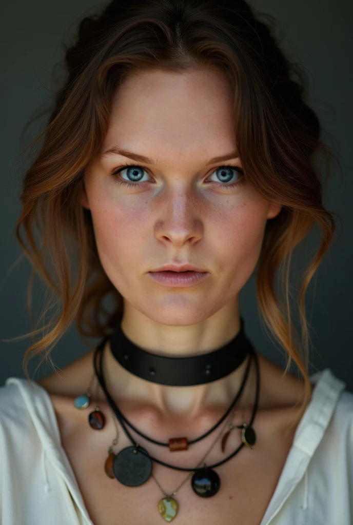 Disney Pixar, 1 girl, dark red dyed hair, blue eyes, freckles, lots of necklaces, earrings, grunge/gothic style, red/black eye make up
