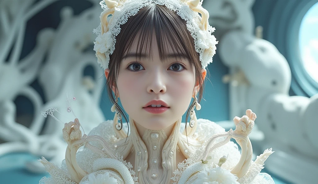 1girll,(enchanced quality:1.4),(Top quality true texture skin), Delicate face,Black hair, Gradient hair, Petite body,(perfect bodies:1.1), There are precious stones on the forehead,Sparkling pupils,long eyelasher,grin, hyper photorealism, Cinematic lighting, projected inset, Wear pale yellow Hanfu,The background is the moon,Holding the little white rabbit in his hand,Food on the table