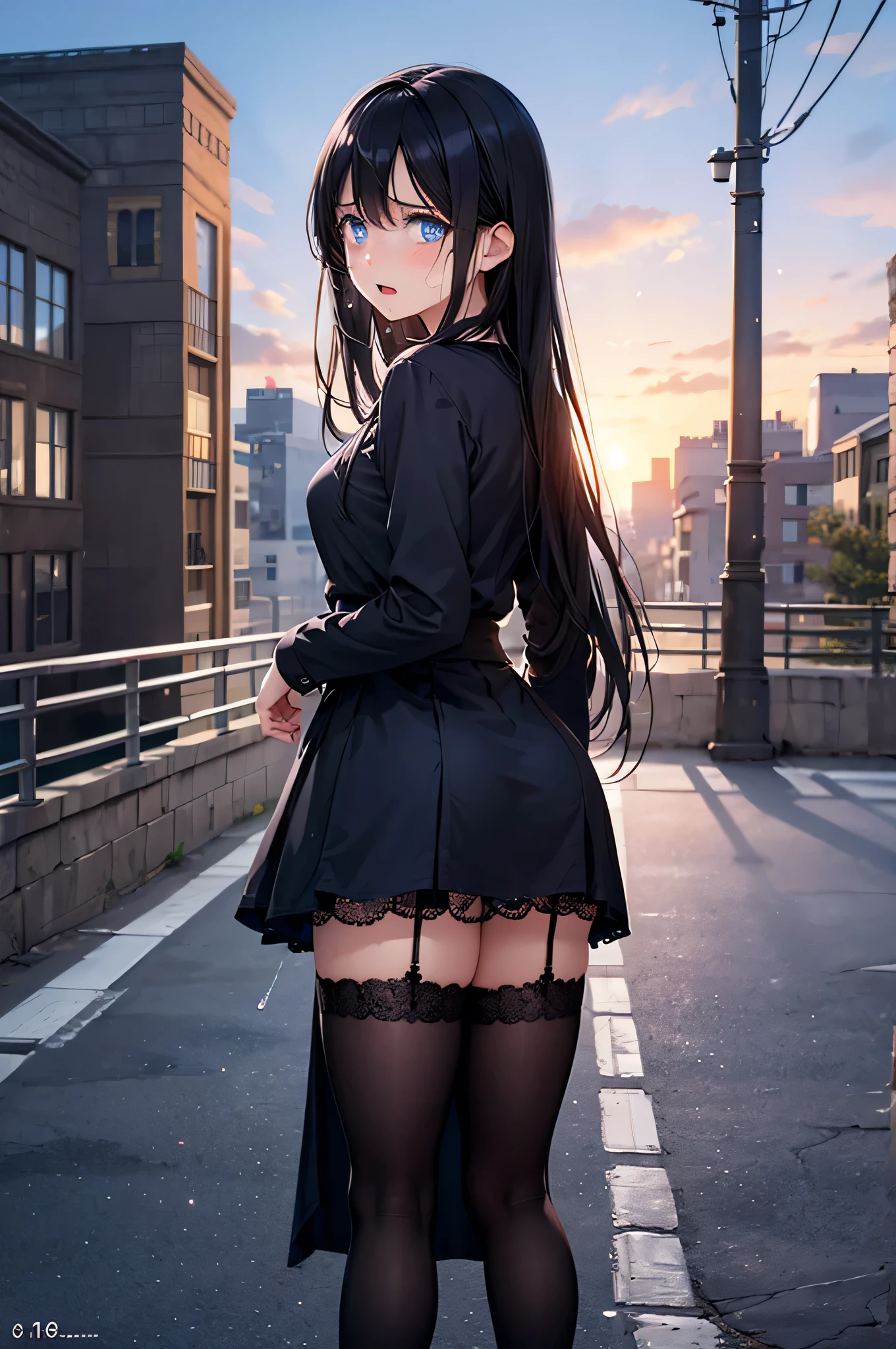 (masterpiece), (best quality), (1girl), solo, sexy, perfect body, stand, sunny, windy, outdoor, messy hair, black stocking, view from back, apple butt
