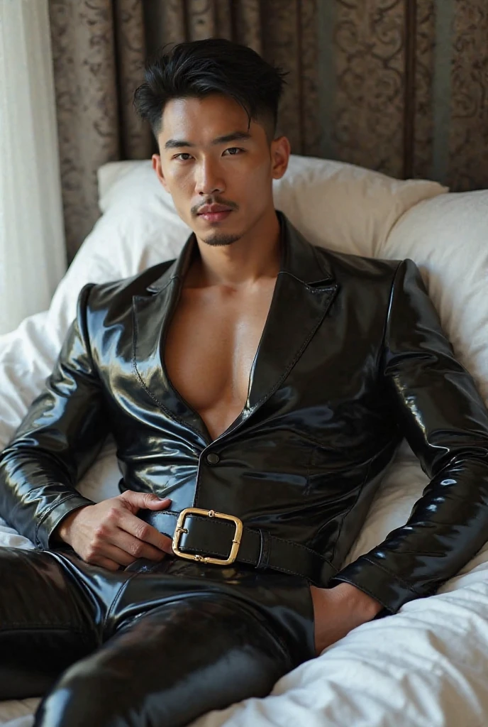 create a hyper realistic a handsome malay man who have a big muscular body builder with fair skinned. he wearing a black latex rubber bodysuit fullset are lying in bed while his body was tied with a rope and his eyes were covered using a blindfold. his hair is messy and wet. high quality photo. detailed.