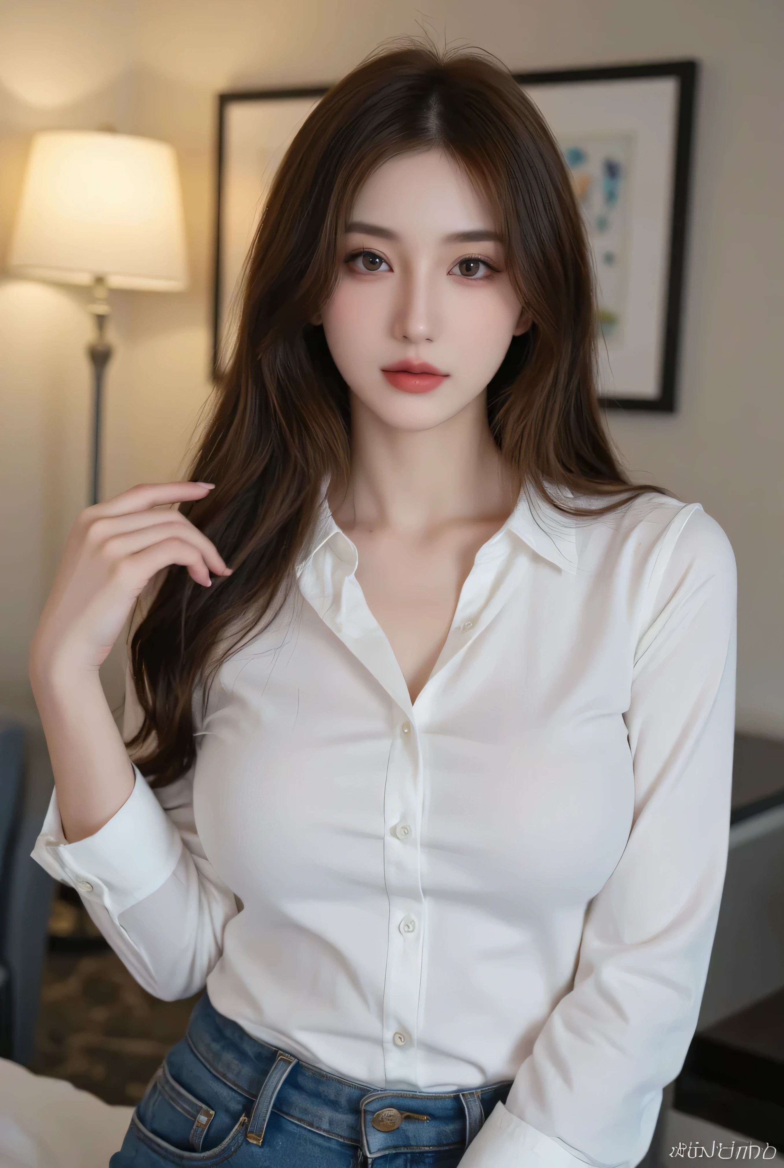 (RAW Photos), (Realistic), (masterpiece), (highest quality), High resolution, 8k, (Intricate details), (Volumetric Light), Portraiture, woman, Age 25, Medium Hair, Straight hair, Medium Chest, Layered Hair, Brown Hair, Very beautiful eyes, Source order, Very thin eyebrows, Very fine skin, Very beautiful mouth, Very nice nose, Cute like an idol, smile, (Thick lips), (Looking at the audience), (See-through pearl white collar dress shirt), Above the knee shot