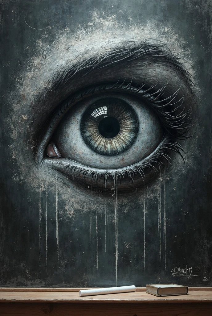 A massive, hyper-detailed eye sketched onto a dusty blackboard, its gaze piercing as if truly watching. The chalk lines are bold yet delicate, capturing every intricate detail—from the swirling iris to the faint reflections of light. Smudges and erased lines give it an eerie, almost lifelike texture, as though it has been redrawn countless times.

A single piece of white chalk rests below, and faint traces of other sketches—faces, symbols, and abstract shapes—linger around it. In the dim classroom, shadows fall across the board, making the eye seem like it's blinking in the flickering light. Who drew it, and why does it feel... alive?