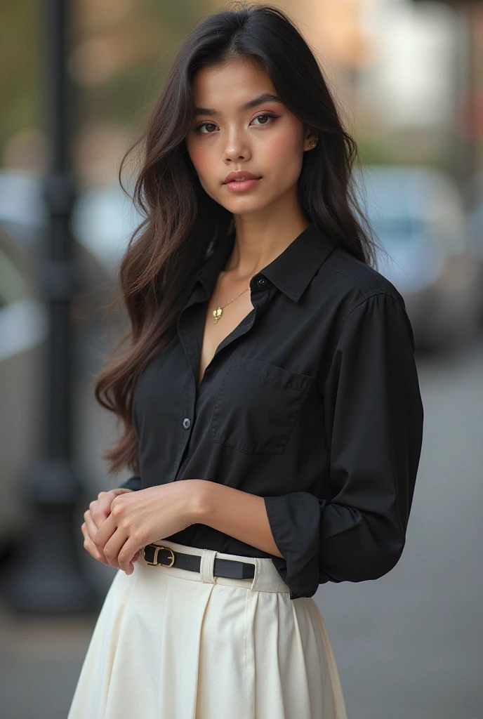 (best quality, high resolution, masterpiece :1.3), A tall man、Beautiful woman, Slim abdominal muscles, dark brown wavy hair fulfilled, breast, Wearing a Pendant, White Button-Down Shirt, belt, Black skirt, (Bustling big city background),night， Exquisite details of face and skin texture, Delicate eyes, Double eyelids