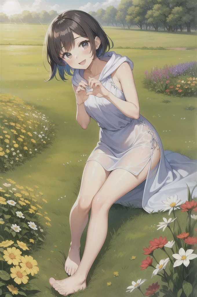 (Highest quality, High resolution, Pixel perfect, Depth of written border, 4K), Fine grain, (1. Female), expensive, (Slim body:1.2), (Thin arms:1.4), (Thin thighs:1.3), (Small waist:1.2), E cup breasts, Black Hair, (Side Ponytail:1.2), (Yukatas decorating the hydrangeas:1.2), (Fluttering chest), (Sexy pose), (Leaning forward:1.3), (Place your hands between your legs:1.3), (Put your arms behind your head), (wariza:1.4), (Clear Face), Flushed cheeks, Open your mouth, Sweat,