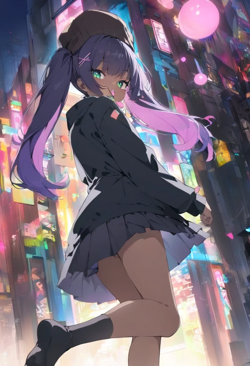1 girl,Twin Tails, black hair,purple hair,gradient hair,very long hair,cut,Skin teeth ,jitome,green eyes,x Hair Ornament,flat chest
,nipples,(Brown Skin Woman:1.4),pink lip dress, black jacket,OVERSIZE JACKET, Pleated Skirt, Beanie, black thigh high socks,
pocket, from side, looks up, from behind or at night, bubble gum, Leaning, ( raise one leg:0.8),
city, street, tile wall, ( painted wall with bright windows:1.1),Dutch angle
,BREAKMasterpiece,best quality,very aesthetic,eatsleep1111, latest,Aiu ,