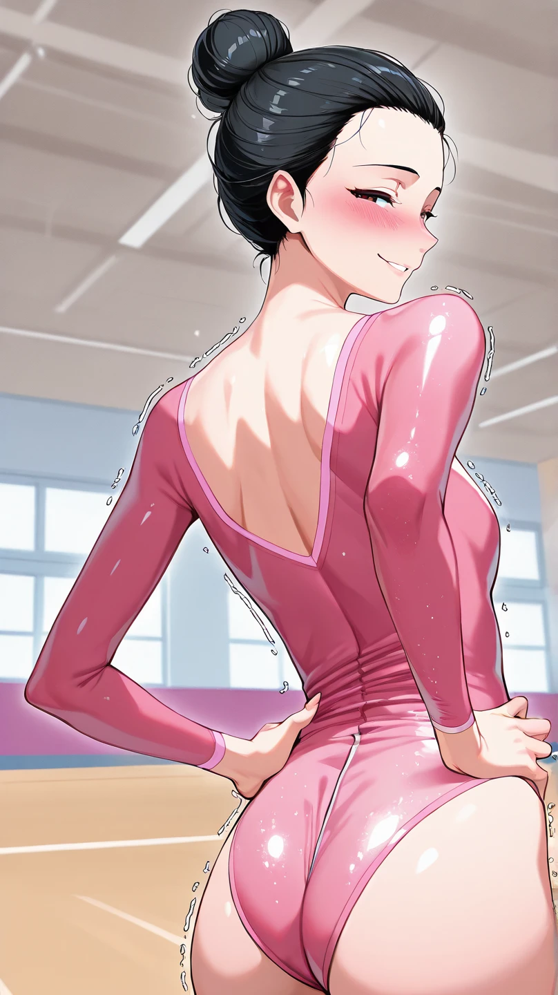 high school girl,black hair,whole body,rhythmic gymnastics,pink leotard,sexy pose,ponytail