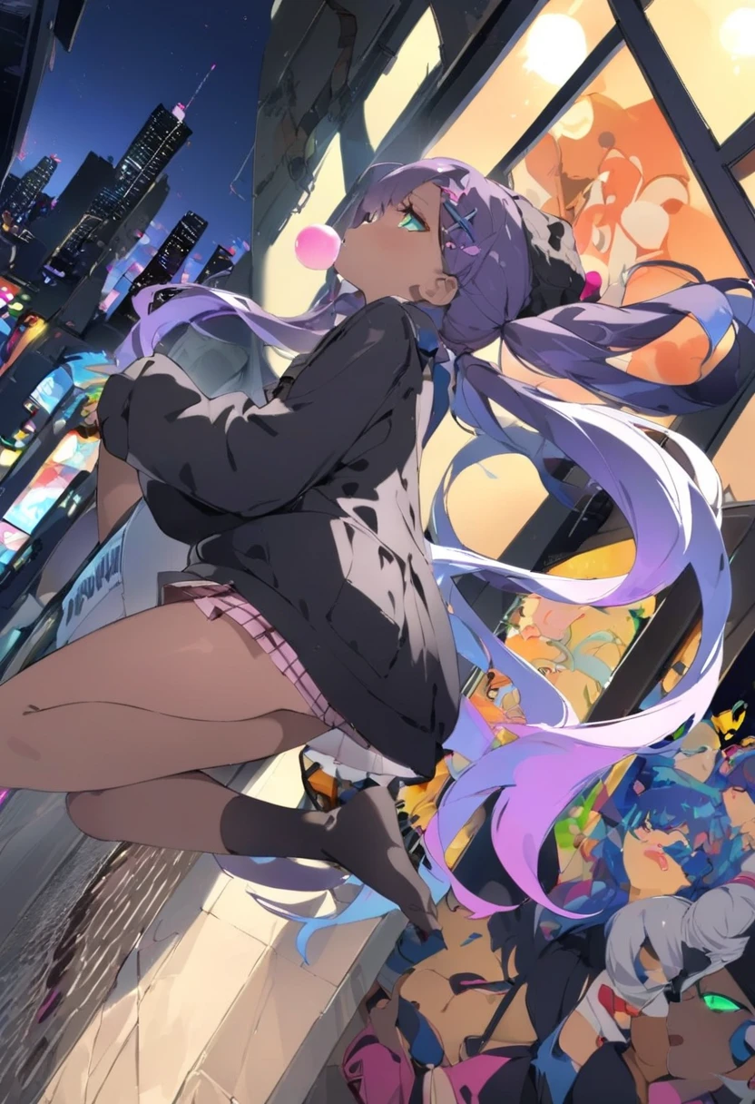 1 girl,Twin Tails, black hair,purple hair,gradient hair,very long hair,cut,Skin teeth ,jitome,green eyes,x Hair Ornament,flat chest
,nipples,(Brown Skin Woman:1.4),pink lip dress, black jacket,OVERSIZE JACKET, Pleated Skirt, Beanie, black thigh high socks,
pocket, from side, looks up, from behind or at night, bubble gum, Leaning, ( raise one leg:0.8),
city, street, tile wall, ( painted wall with bright windows:1.1),Dutch angle
,BREAKMasterpiece,best quality,very aesthetic,eatsleep1111, latest,Aiu ,