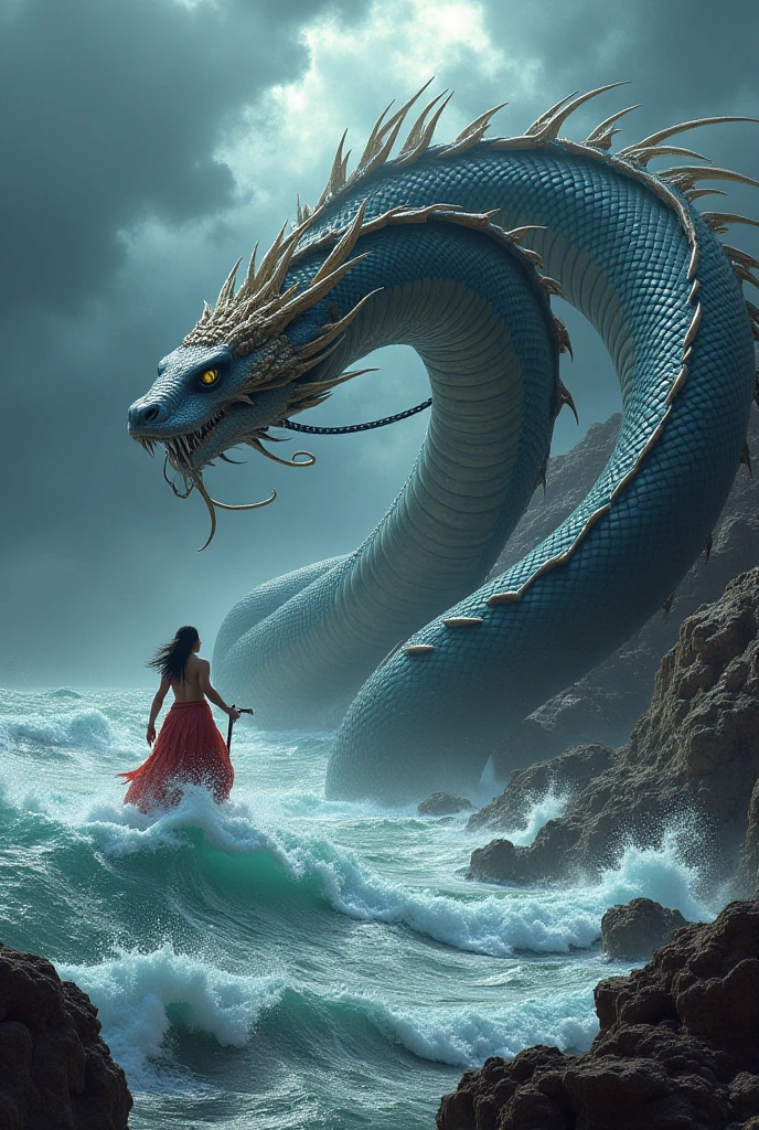 chinesedragon,the ocean，God girl，lighthouse， Art Nouveau style illustration, Detailed sky, chinapunk, Explanatory narrative, solarizing master, quito school, Visual poetry