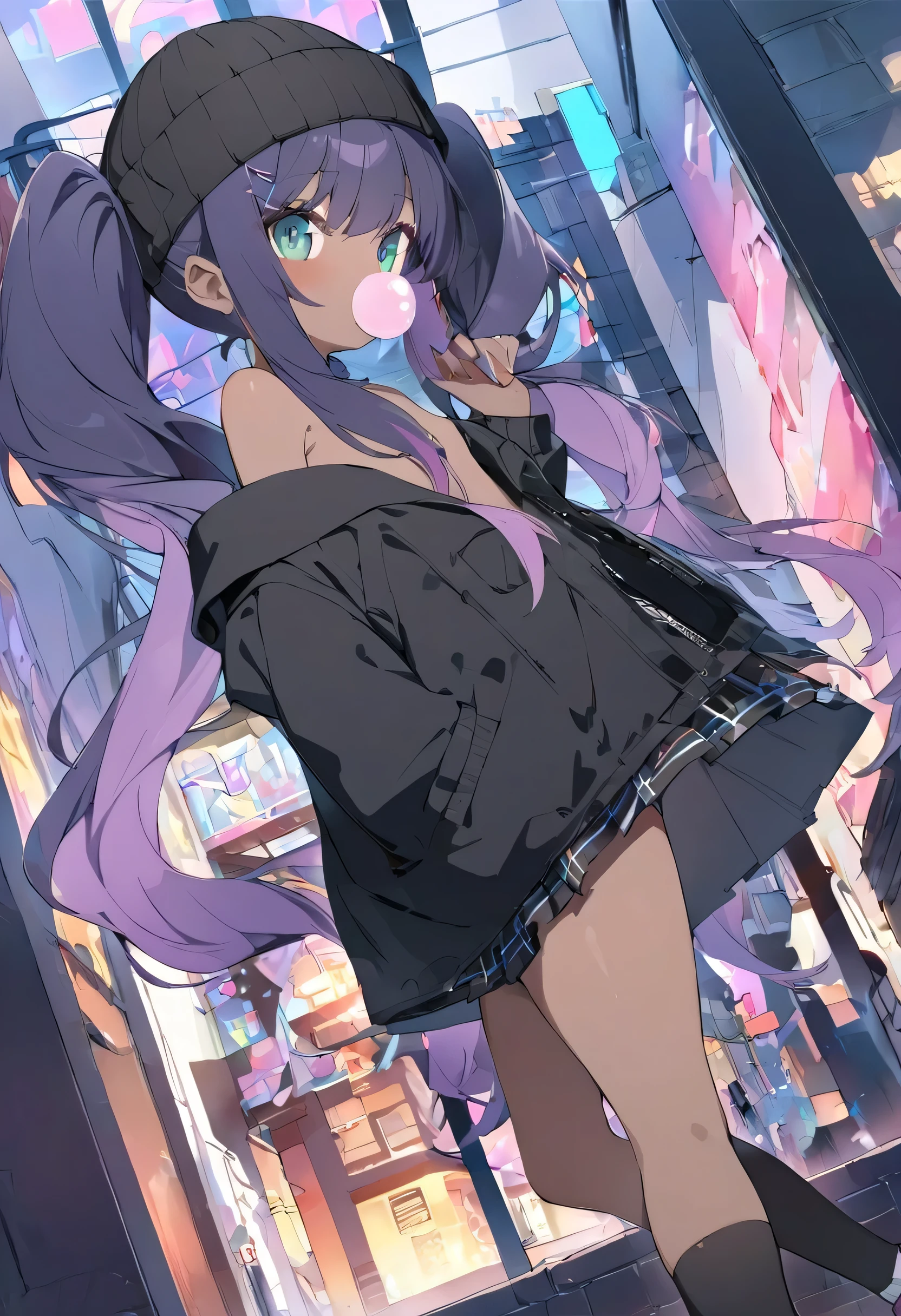 1 girl,Twin Tails, black hair,purple hair,gradient hair,very long hair,cut,Skin teeth ,jitome,green eyes,x Hair Ornament,flat chest
,nipples,(Brown Skin Woman:1.4),pink lip dress, black jacket,OVERSIZE JACKET, Pleated Skirt, Beanie, black thigh high socks,
pocket, from side, looks up, from behind or at night, bubble gum, Leaning, ( raise one leg:0.8),
city, street, tile wall, ( painted wall with bright windows:1.1),Dutch angle
,BREAKMasterpiece,best quality,very aesthetic,eatsleep1111, latest,Aiu ,
