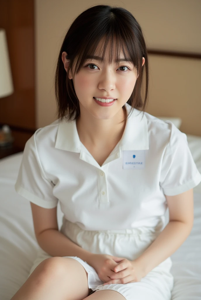 1 Girl,(Wearing white nurse clothes:1.2),(RAW Photos, Highest quality), (Realistic, photo-Realistic:1.4), masterpiece, Very delicate and beautiful, Very detailed, 2k wallpaper, wonderful, finely, Very detailed CG unity 8k wallpaper, Very detailedな, High resolution, Soft Light, Beautiful detailed girl, Very detailed eyes and face, Beautiful and detailed nose, finely beautiful eyes, nurse, Perfect Anatomy, Black Hair, Upstyle, nurse uniform, Long skirt, nurse, White costume, thin, hospital, clear, White Uniform, hospital room, Neck auscultation,Bobcut、Flip up the skirt、20th Generation、smile、Lying in bed、Sleeping on your back