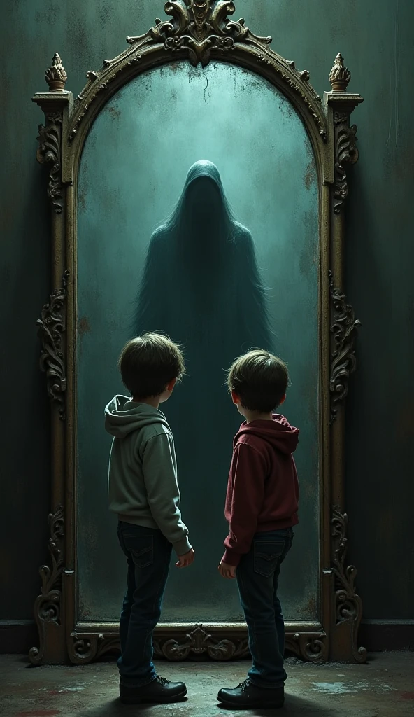 Make a cartoon book cover with the title, ghost in the mirror with 3 children
