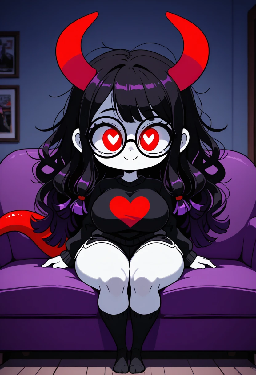 Solo girl, long black hair, facing camera, eyes, stockings, black shirt, demon, red horns, large chest, cleavage, in a bedroom, sitting, hands on chest, glasses