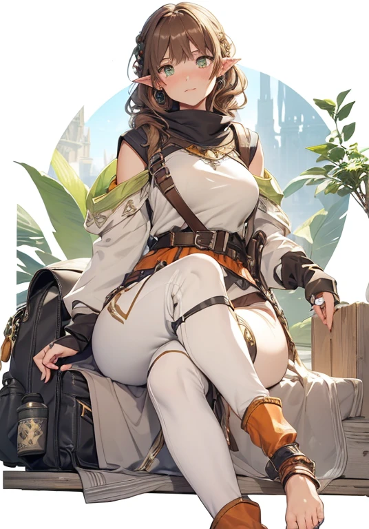 GRANBLUEfantasy,1young_teen_ girl,brown_hair,medium_bob_hair,platina_blond_hair,white_leotard,covered_crotch,thigh-highs,smile,standing,bluesky_landscape_background,slightly_spread_legs,happiness, short_gloves ,solo, r18, navel,relicbuster,short,boots,open_mouth,sitting,knees,