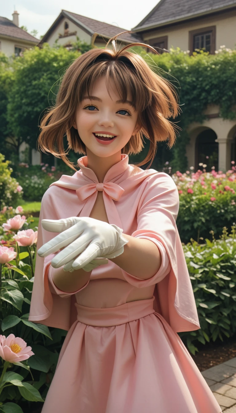 a closeup, masterpiece, top-quality, FULL ANATOMY、Raw foto, Photorealsitic、(Cute little face:1.7)、(Very cute smile:1.8)、(with round face:1.8)、(She has a cute face like an idol、double tooth:1.3), A dark-haired、(Pink Ranger:2), depth of fields, hight resolution, ultra-detailliert, finely detail, ighly detailed, extremely detailed eye and face, Realistic pupils, sharp focus, Cinematic lighting、Big Bust、19-year-old woman、(One lady、solo:1.3)、sexy pose、 bob cuts、Curly hair、Patsun bangs、Very detailed 8k wallpaper、(Plaid pleated skirt)、Show me your whole body、is standing、Angle from below、(Thigh close-up、Nice figure、big breasts thin waist、Kubire、Cameltoe)、depth of fields、Bokeh in the background