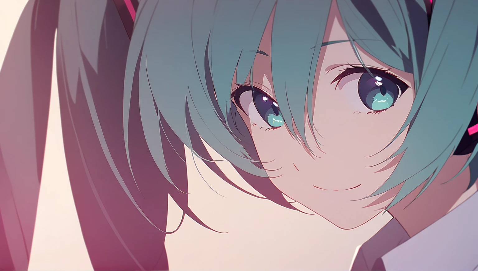 hatsune_miku highres 1girl aqua_eyes aqua_hair aqua_nails bare_shoulders blush breasts collarbone collared_shirt detached_sleeves grey_shirt long_hair looking_at_viewer navel no_bra open_clothes open_mouth open_shirt shirt sleeveless sleeveless_shirt small_breasts solo sweatdrop twintails upper_body covered_nipples