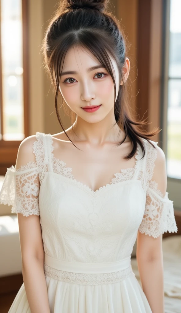 ((Highest quality, 8k, masterpiece: 1.3)), sharp: 1.2, Perfect Body Beauty: 1.6, ((Layered Hairstyles, Big Breasts: 2.0)), (white and long legs: 2.0), (white lace dress: 2.0, Off-the-shoulder dress: 2.0, Dresses with visible breasts: 2.0), ((long hair: 2.0)), ((necklace)), Earrings, ring, Bracelet, Hair Accessories, ((Beautiful young ager woman)), ((Straight nose)), (Eyeliner), Armpit Hair, Bristles, ((White and beautiful skin)), Wavy Hair, Beautiful attention to detail, Super detailed, Highly detailed face and skin texture, fine grain, double eyelid, Black Hair, Big Ass, Lower Body, Thighs, (((Skinny))), Wet and shiny lips, smile, Get a grip on your body, ((Anatomically correct human body)), ((Crisp body shape)), Ribs, clavicle, Protruding skeleton, A face without nasolabial folds, Shyness, Thin eyebrows, Big eyes, (shoot from side: 1.0), (Narrow shoulders: 2.0), (Smile: 1.0), (One arm raised: 1.0)