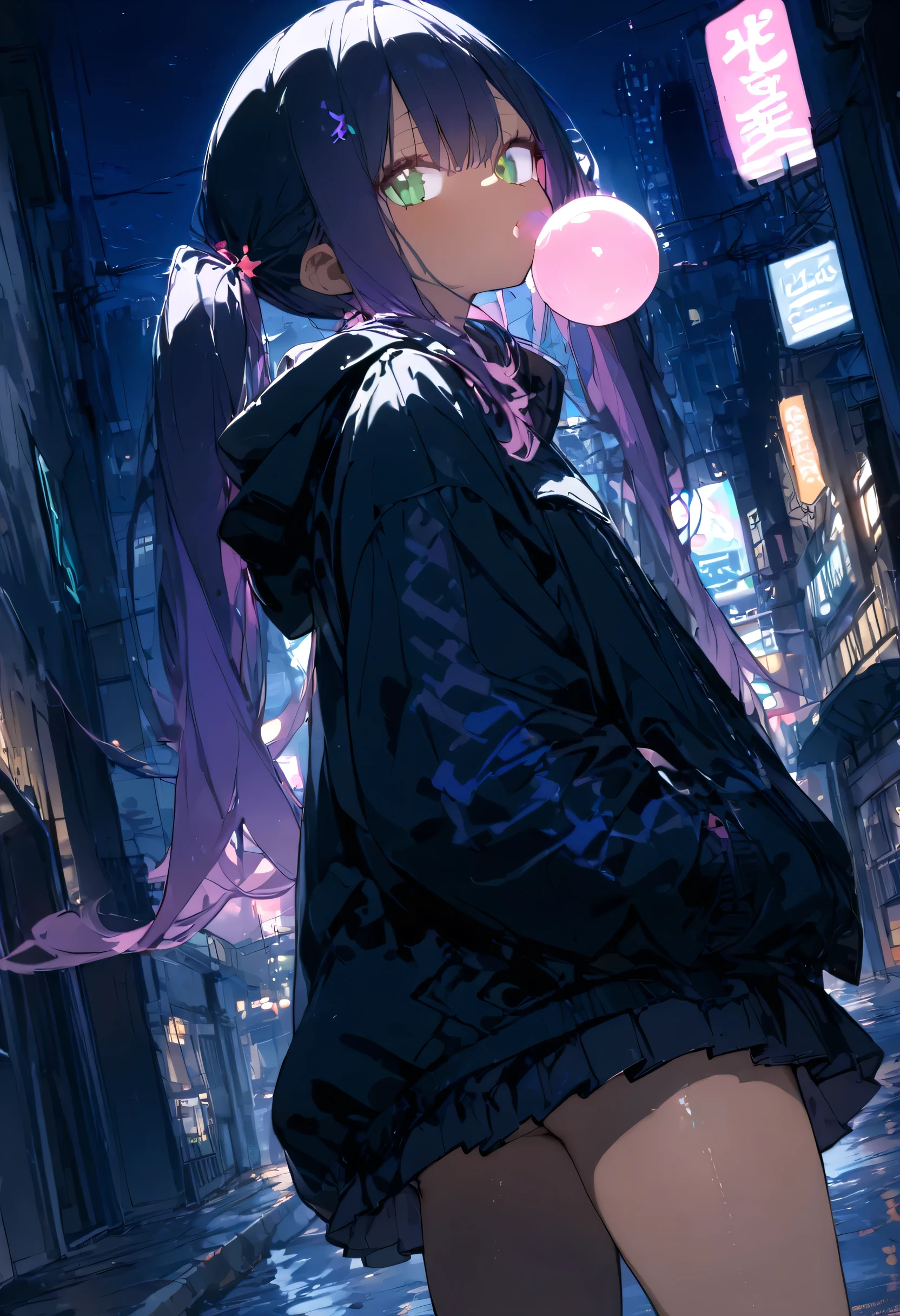 1 girl,Twin Tails, black hair,purple hair,gradient hair,very long hair,cut,Skin teeth ,jitome,green eyes,x Hair Ornament,flat chest
,nipples,(Brown Skin Woman:1.4),pink lip dress, black jacket,OVERSIZE JACKET, Pleated Skirt, Beanie, black thigh high socks,
pocket, from side, looks up, from behind or at night, bubble gum, Leaning, ( raise one leg:0.8),
city, street, tile wall, ( painted wall with bright windows:1.1),Dutch angle
,BREAKMasterpiece,best quality,very aesthetic,eatsleep1111, latest,Aiu ,