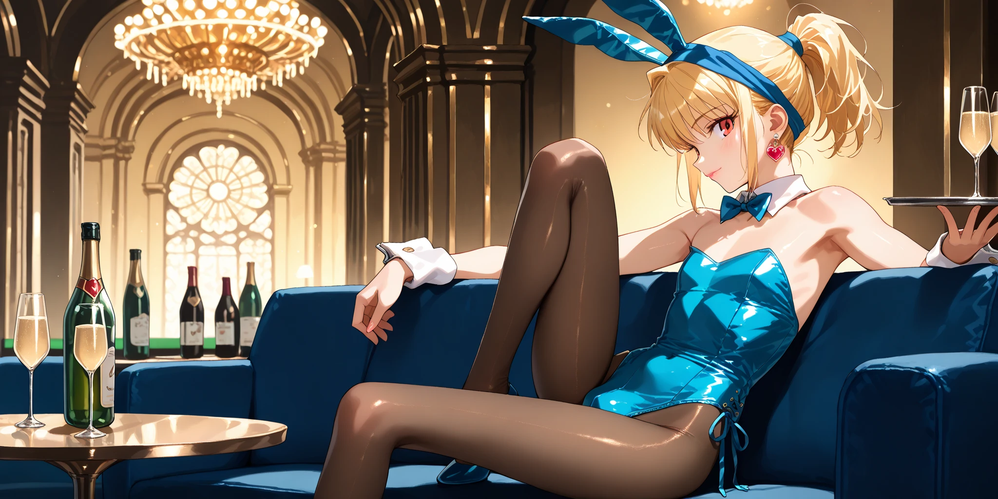a young woman with long, curly light blonde hair in pigtails that add to the sense of youth. She wears a white and blue sexy bunny suit. She is sitting in a young man's lap, with her legs are spread and the man's hand touching her crotch. She has bangs and light blue eyes.