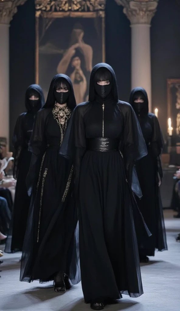 Three mysterious maidens,Robe with clothes,All over the body black robe,The whole body is dressed in black,Black veil,wearing a hijab,Beautuful Women