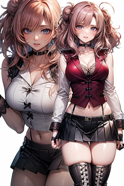 ((Masterpiece)), ((best quality)), Cartoon woman depicted with long wavy brown hair, She is wearing a red off-the-shoulder top and a white lace lingerie item, The woman has soft facial features, big eyes, and full lips, Background features a grey and white abstract pattern made of various shapes