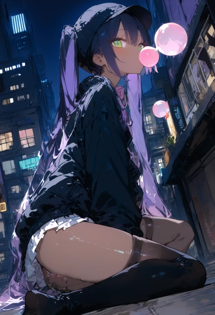 1 girl,Twin Tails, black hair,purple hair,gradient hair,very long hair,cut,Skin teeth ,jitome,green eyes,x Hair Ornament,flat chest
,nipples,(Brown Skin Woman:1.4),pink lip dress, black jacket,OVERSIZE JACKET, Pleated Skirt, Beanie, black thigh high socks,
pocket, from side, looks up, from behind or at night, bubble gum, Leaning, ( raise one leg:0.8),
city, street, tile wall, ( painted wall with bright windows:1.1),Dutch angle
,BREAKMasterpiece,best quality,very aesthetic,eatsleep1111, latest,Aiu ,