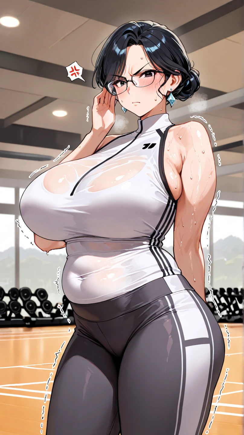 gym, workout, hot, sweating, sweaty, tan, big boobs, tan skin, flustered, blush, black clothes, see thru, yoga pants,