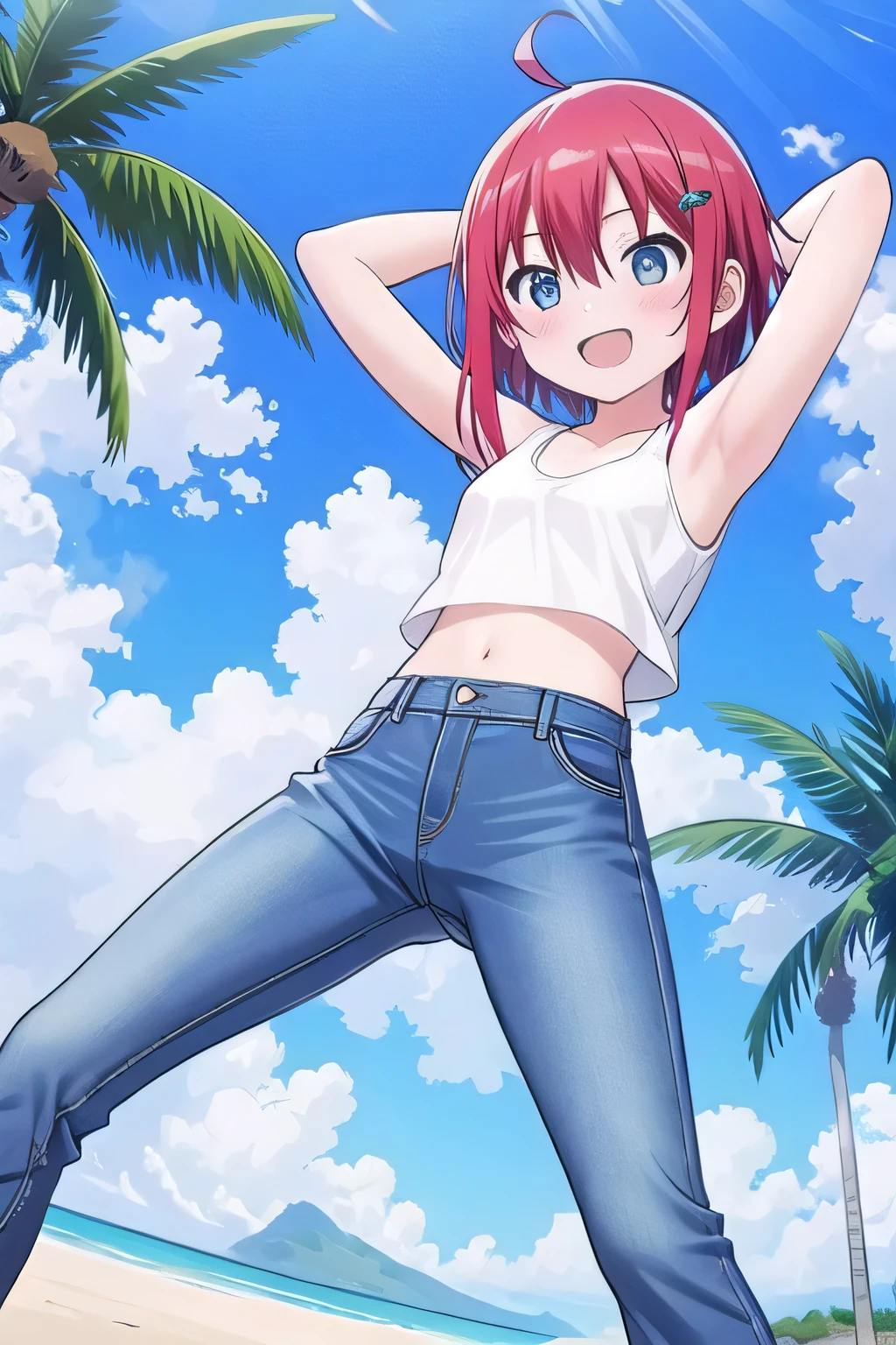 masterpiece, best quality, ultra detail, ((Perfect Face, perfect eyes, perfect hair, perfect arm)), 1girl, , peti ((round face, ecstasy, orgasm face, drooping eyes, shame smiling, blush)), dropping eyes, sleepy, Open mouth, ((White teeth)), background((under the beach, (day:1.2), palm tree, bright sky)), miku hatsune, ahoge, aqua eyes, (red hair:1.4), crossed bangs, hair between eyes, hair ornament, (short hair:1.4), (straight hair:1.7), ((arms behind head, hands behind head, fingers behind head)), ((contrapposto)), spread armpits, looking at viewer,, (white tank top:1.2), (white crop top:1.2), (jeans pants:1.2, flares jeans:1.2, skinny jeans:1.2, blue jeans:1.2), standing, (legs spread:1.4), sex pose, Sweaty crotch, Steam from the crotch, from below, whole body
