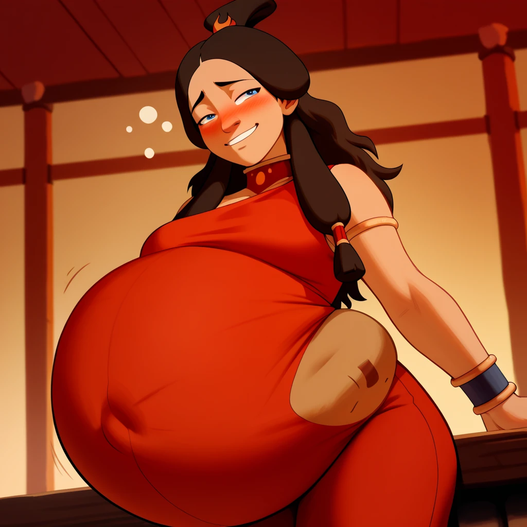 score_9, score_8_up, score_7_up, score_6_up, score_5_up, score_4_up, rating_questionable, KataraFire,   sexy pose, ((belly stuffed)), ((huge belly)), ((Very drunk)), ((staggers)), (tight red clothes) ,dark skin, shy smile