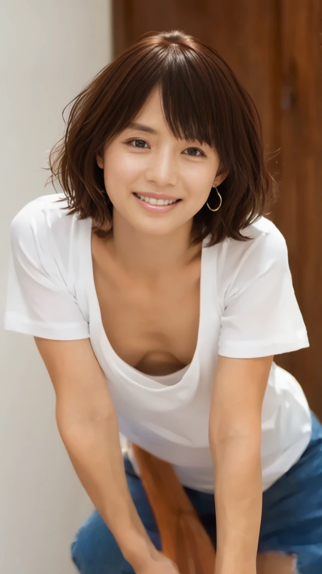 (Best quality, 8k, 32k, Masterpiece, UHD:1.2),Photo of Pretty Japanese woman, 1gril,black short hair,large breasts,(detailed white loose t-shirt:1.2),denim pants,necklace,(detailed blue lace bra:1.1),(leaning forward:1.8),looking at viewer,pov,looking down,across table,(hands on table:1.1),smile,in cafe,upper body, all fours