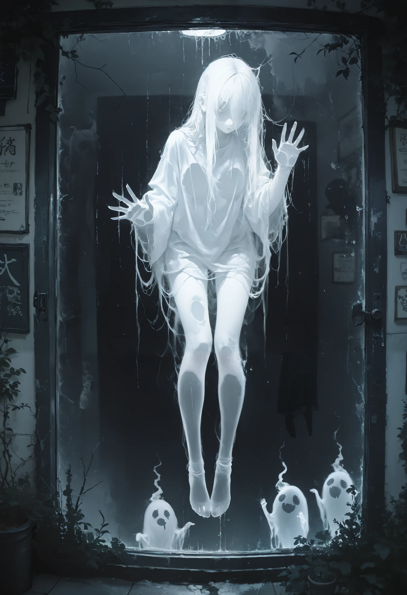 a girl,with legs hanging , ghost, of glass ,masterpiece,newest ,absurdres, highres,