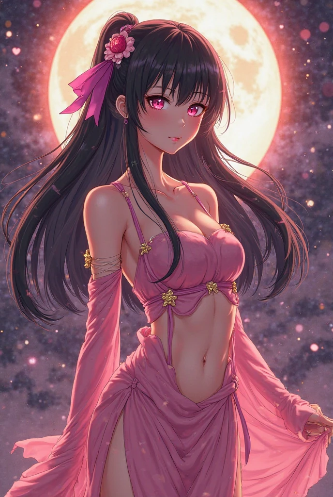 Ultra-high resolution, Attention to detail, Highest quality, (((女god))), ((Glamour body, Voluptuous, Saggy big breasts, Full lower abdomen)), Japanese Manga, Anime Style, Baby Face, The eyes are large, Full body portrait, Shiny black hair, Mizura, (See-through feather robe), Multiple rings on wrists and ankles, A necklace studded with jewels, Beautiful golden crown with decorations, god々New Background, Multiple lights dance in the air, Making a ring with the thumbs and index fingers of both hands, Sitting cross-legged, Sitting on a lotus flower