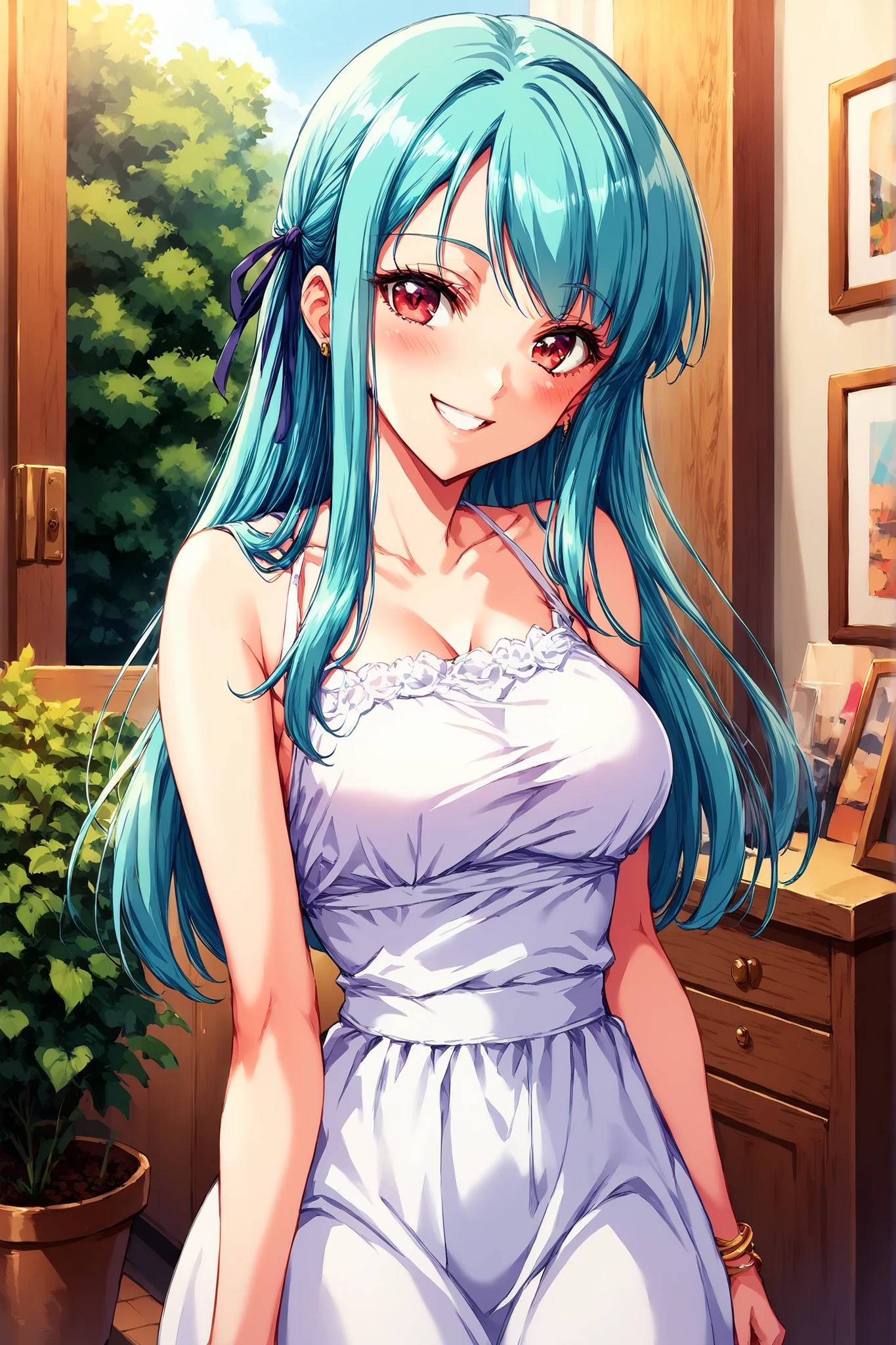 high quality, score_9, score_8_up, score_7_up, 1girl, Cyan hair , Long hair , Parted to Side, Sidehair, red eyes, blush, horny, slutty, smile, casual dress, living room