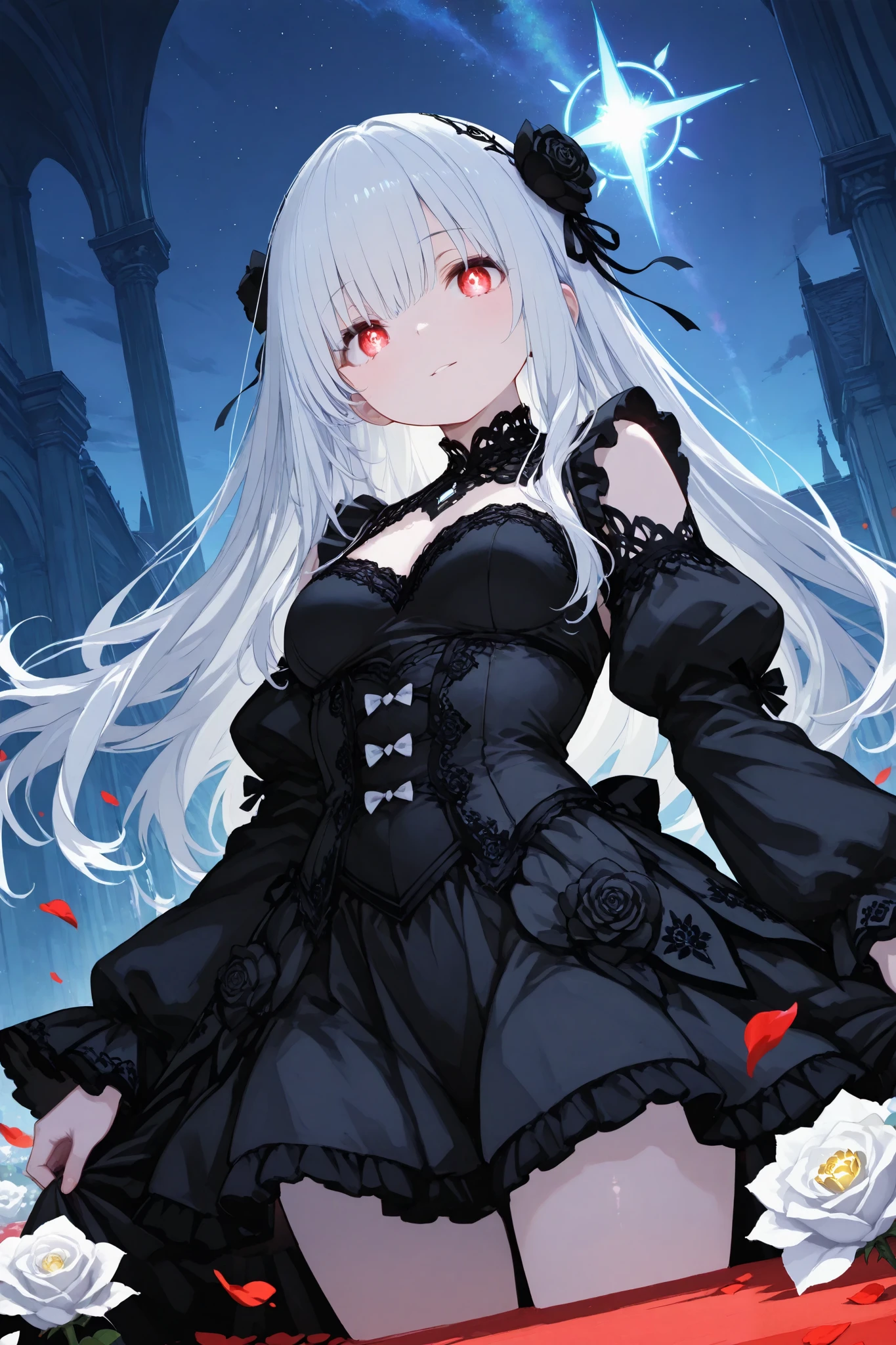 a cinematic action fantasy scene featuring two elegant sisters dashing through a dreamlike garden, one bathed in moonlight and surrounded by white roses, the other shrouded in darkness with black roses swirling around her. The white-haired sister wears a flowing silver-embroidered gown, her platinum hair billowing in the wind, while the dark-haired sister wears a dramatic black dress adorned with gold filigree, her crimson eyes glowing intensely. As they race forward, their movements create glowing light trails and shadowy energy swirls, with rose petals caught in the storm of their motion. The background features an ethereal gateway marking the boundary between dream and reality, set under a twilight sky where stars flicker in the celestial expanse. Dramatic perspective and dynamic lighting enhance the motion, capturing the fusion of elegance, power, and destiny. Hyper-detailed rendering, ultra-HD.