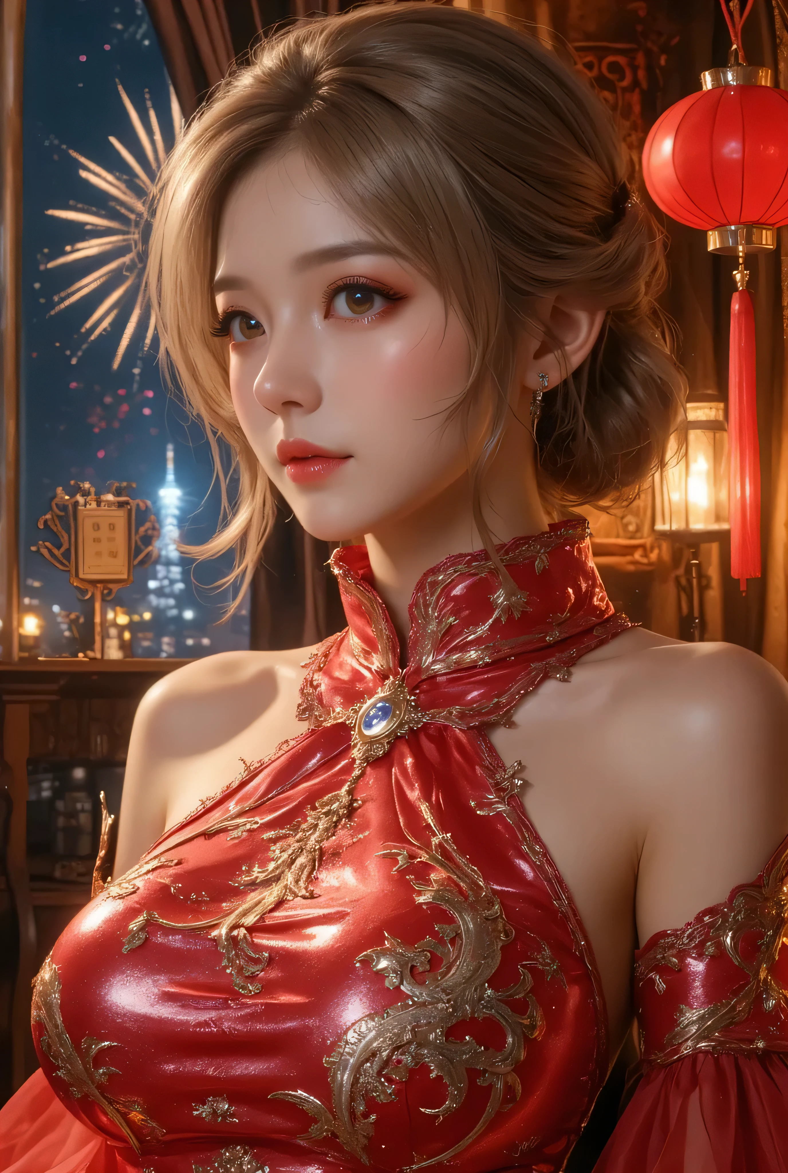 Cat ears、 face up, attractive, pretty girl, ponytail、few beautiful lady hair decorations, (( fine facial features , eroticism)), dramatic lighting , realistic , 8k, Dramatic Shadows , intricate and elaborate patterns , super detailed photo , chiaroscuro lighting , Pleasant colors , deep contrast , super real 、 pink lipstick、 warm room、Vintage Fireplace 、 cinematic composition、Close-up of face, pretty half part transparent open shoulder loose outfits dress, tang style, A beautiful Korean idol wearing a one piece red-green-blue-black-silver-gold tightly cheongsam with phoenix and intricate floral golden embroidery, golden and silver outline on dress, shining gems and jewelry, standing gracefully in a room filled with traditional Chinese New Year decorations. The room features vibrant red lanterns, decorative calligraphy scrolls, a small Chinese orange tree with golden ornaments, and several red envelopes scattered across the floor and hanging from the tree. Adorable, playful cats are part of the scene—some sitting near the tree, others curiously pawing at the red envelopes or lounging around. Through a window or an open door in the background, vibrant Chinese fireworks light up the night sky in an array of reds, golds, and blues, casting a magical glow into the room. The idol’s outfit is paired with subtle accessories like red hairpins or earrings, complementing the festive look. The atmosphere is warm and lively, filled with the joyful essence of the celebration, enhanced by the shimmering lights of the fireworks and the lively decor. blue lights