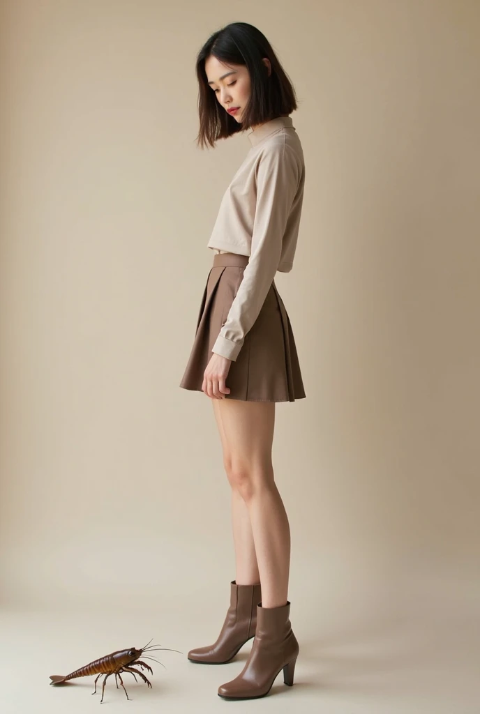 skinny short girl, random colored tucked shirt, short skirt, long sleeves, long hair, in an alleyway
