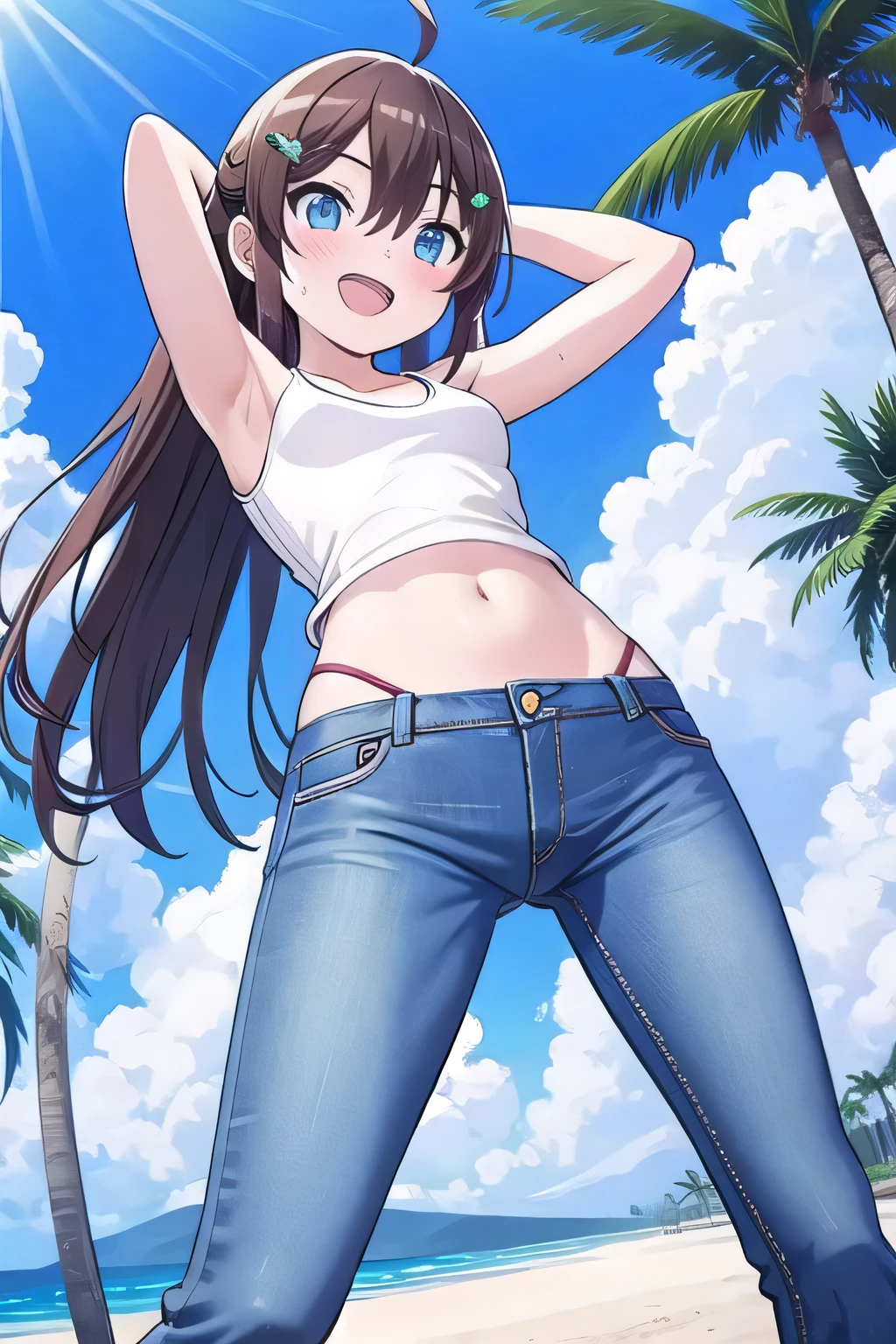 (8K、Highest quality、Highest quality、masterpiece)、Detailed face、One Girl、(Brown Skin:1.2)、Long Hair、Red Eyes、Serious、(Red Tank Top、Denim hot shorts、Open Shorts、Unziped shorts、Mini jeans Shorts、No Panties、NoPanties、Spread pussy、heart cutout)、labia view、Beach、cloud、vagina、Pussy Lip、Wedgie between Pussy Lips、Big Breasts